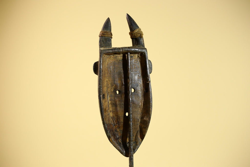 African Tribal Mask Toma Horned Wood Copper Inlay Guinea Ritual Art Decor-G5859