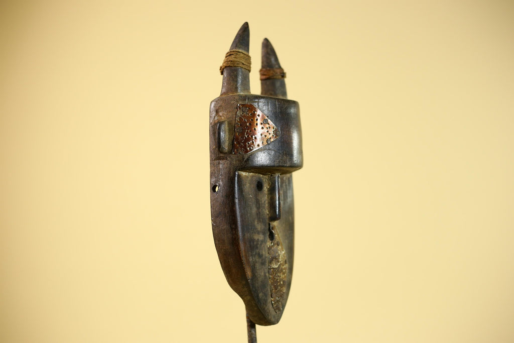 African Tribal Mask Toma Horned Wood Copper Inlay Guinea Ritual Art Decor-G5859