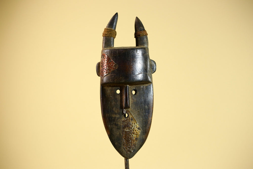 African Tribal Mask Toma Horned Wood Copper Inlay Guinea Ritual Art Decor-G5859