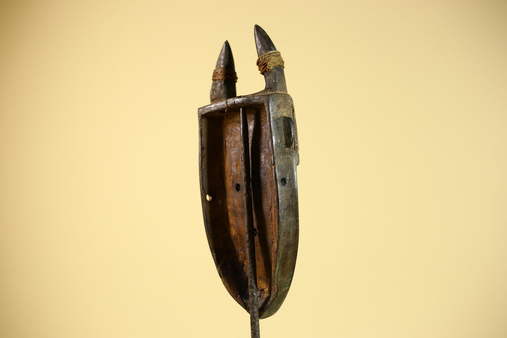 African Tribal Mask Toma Horned Wood Copper Inlay Guinea Ritual Art Decor-G5859