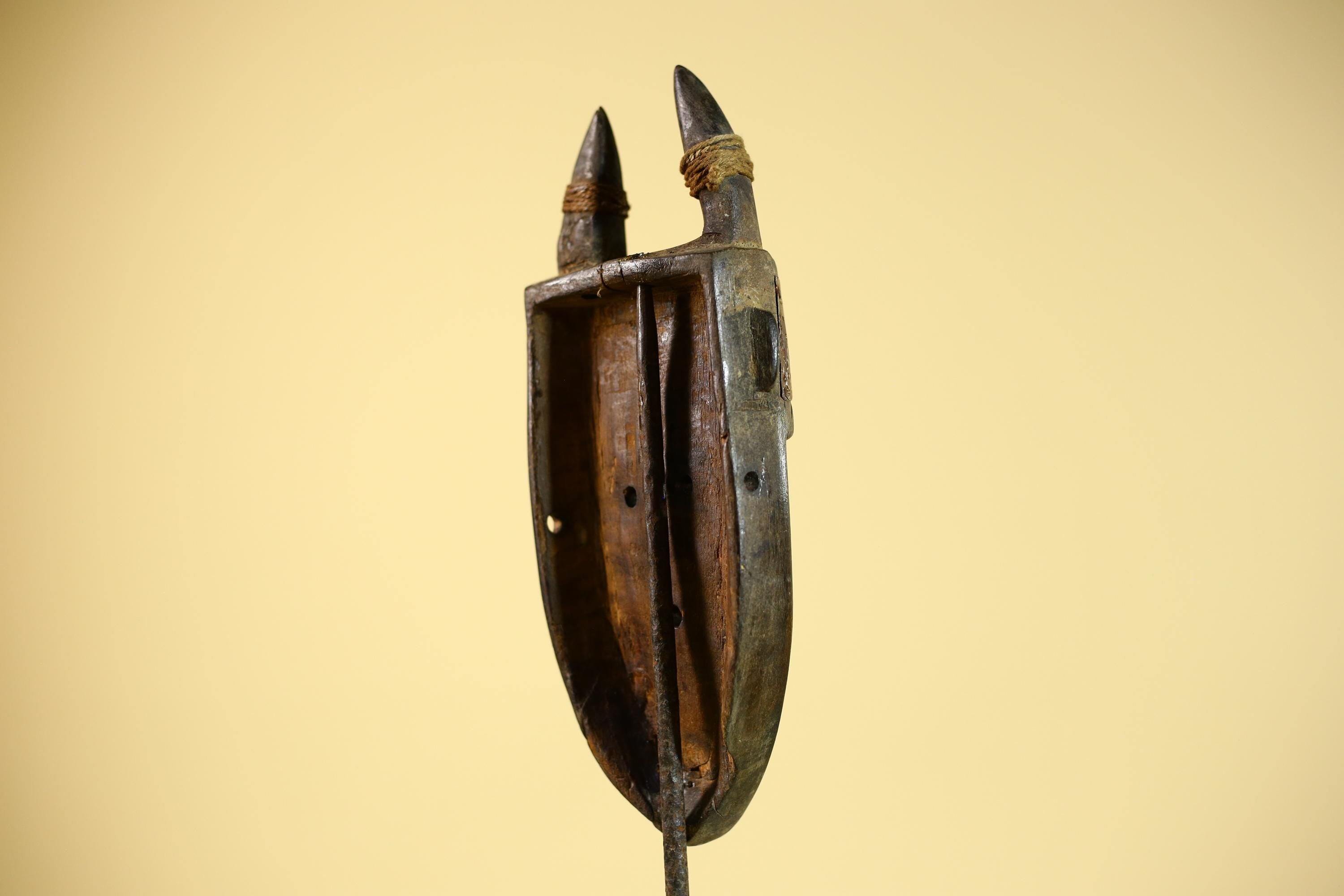 African Tribal Mask Toma Horned Wood Copper Inlay Guinea Ritual Art Decor-G5859