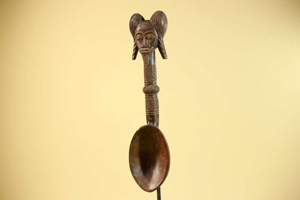 African Baule Spoon Tribal Wood Carving Female Head Côte d’Ivoire Decor-G5861