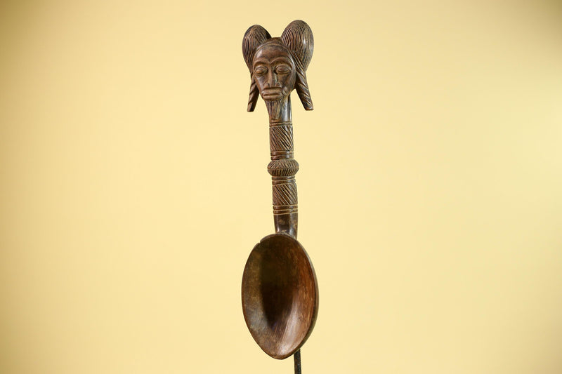 African Baule Spoon Tribal Wood Carving Female Head Côte d’Ivoire Decor-G5861