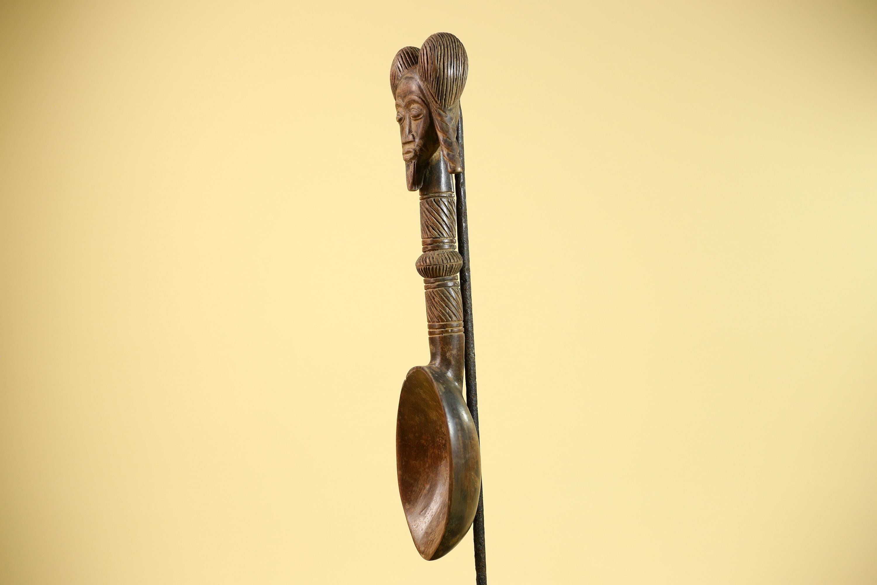 African Baule Spoon Tribal Wood Carving Female Head Côte d’Ivoire Decor-G5861