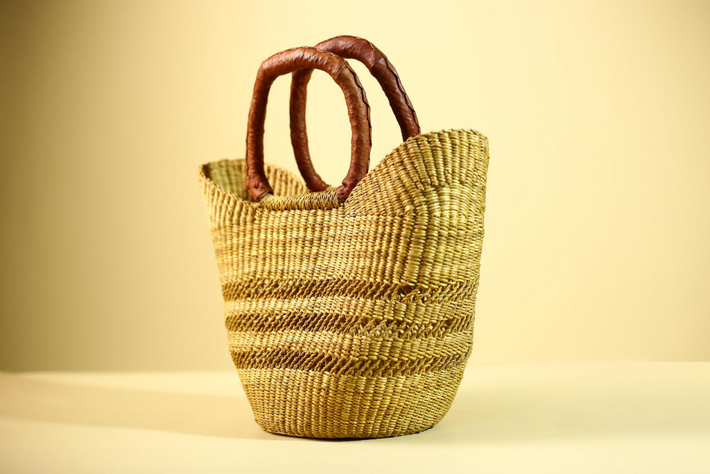 Handwoven Bolga Market Basket: Green Straw Tote Bag with Leather Handle-G5827