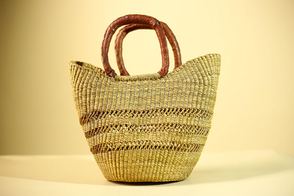 Handwoven Bolga Market Basket: Green Straw Tote Bag with Leather Handle-G5827
