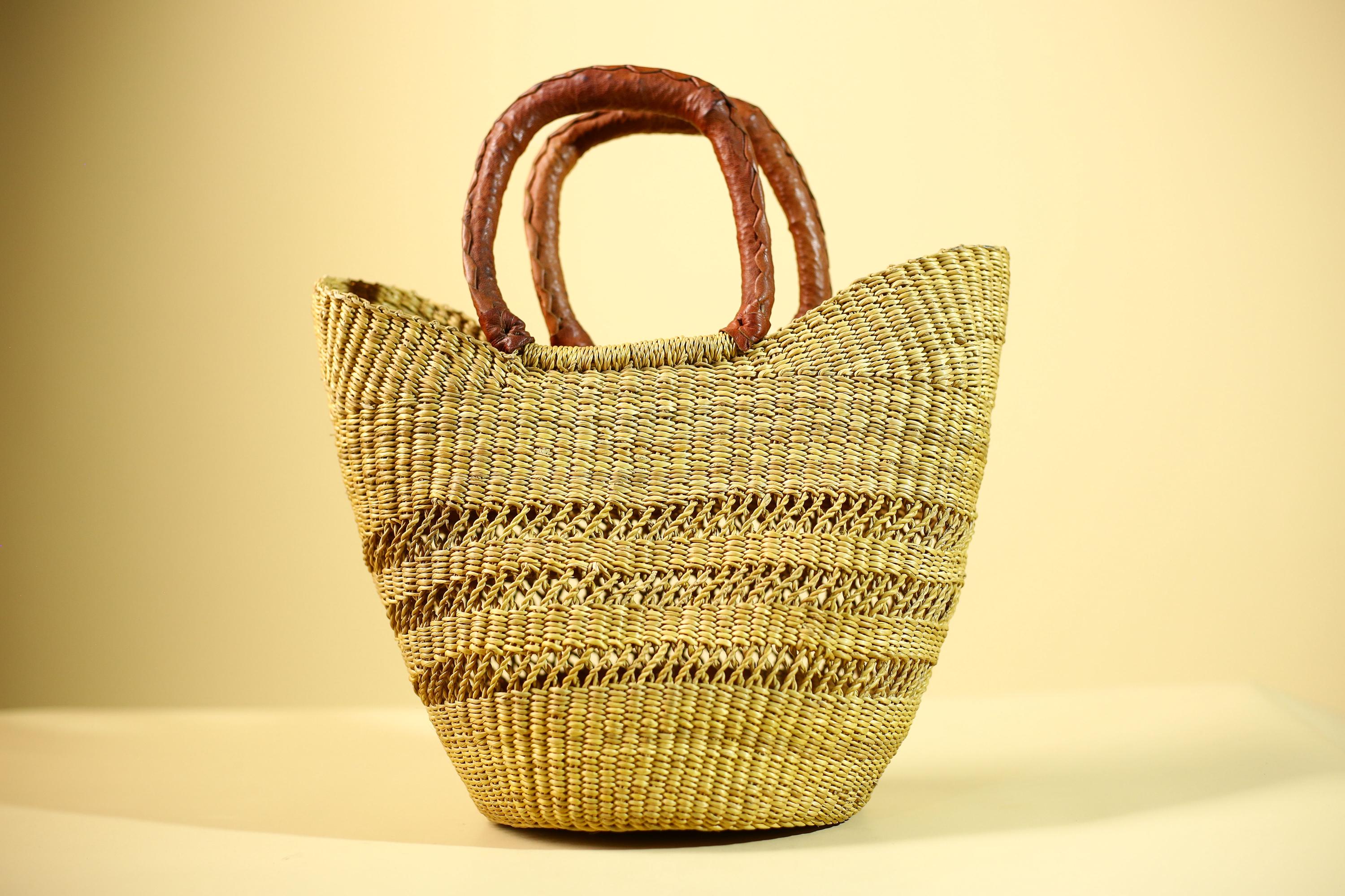 Handwoven Bolga Market Basket: Green Straw Tote Bag with Leather Handle-G5827