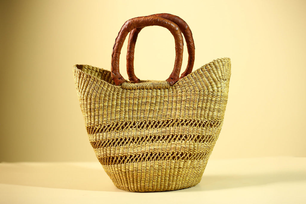 Handwoven Bolga Market Basket: Green Straw Tote Bag with Leather Handle-G5827