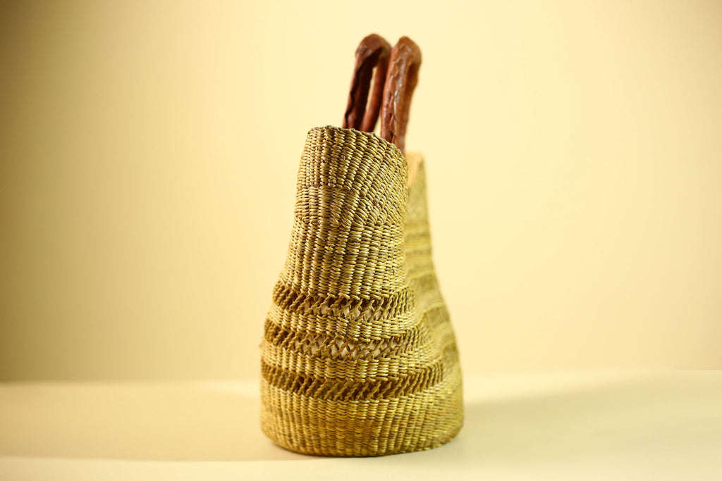 Handwoven Bolga Market Basket: Green Straw Tote Bag with Leather Handle-G5827
