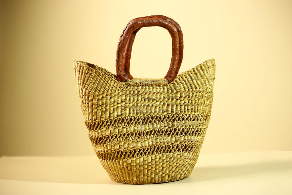 Handwoven Bolga Market Basket: Green Straw Tote Bag with Leather Handle-G5827