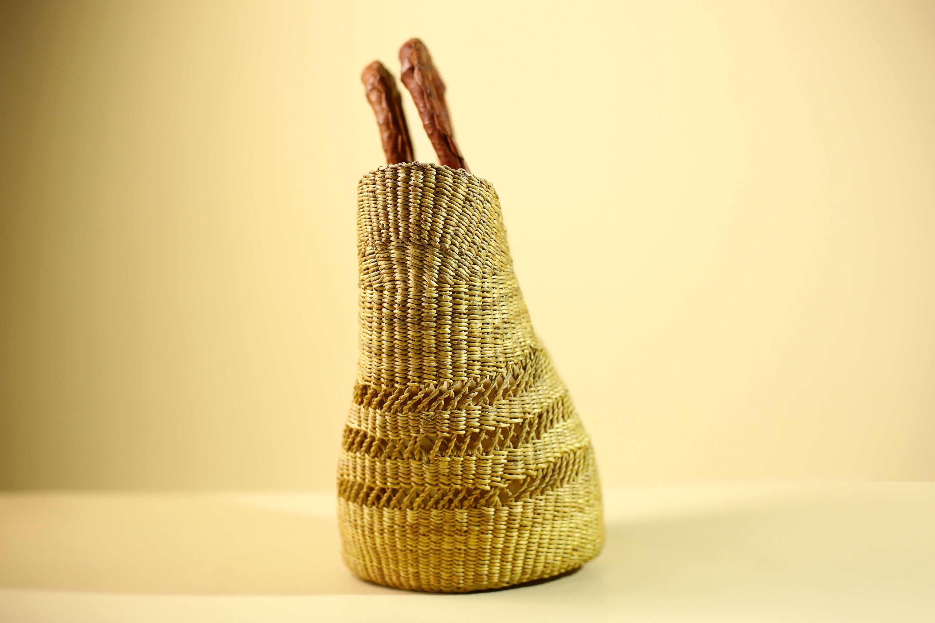 Handwoven Bolga Market Basket: Green Straw Tote Bag with Leather Handle-G5827