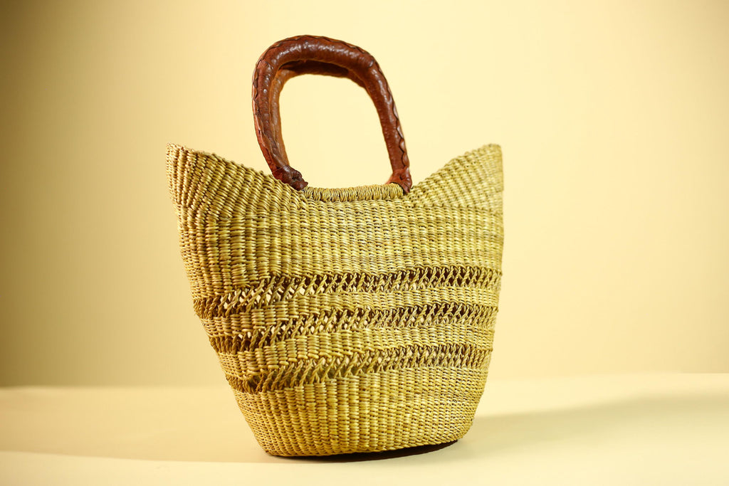 Handwoven Bolga Market Basket: Green Straw Tote Bag with Leather Handle-G5827