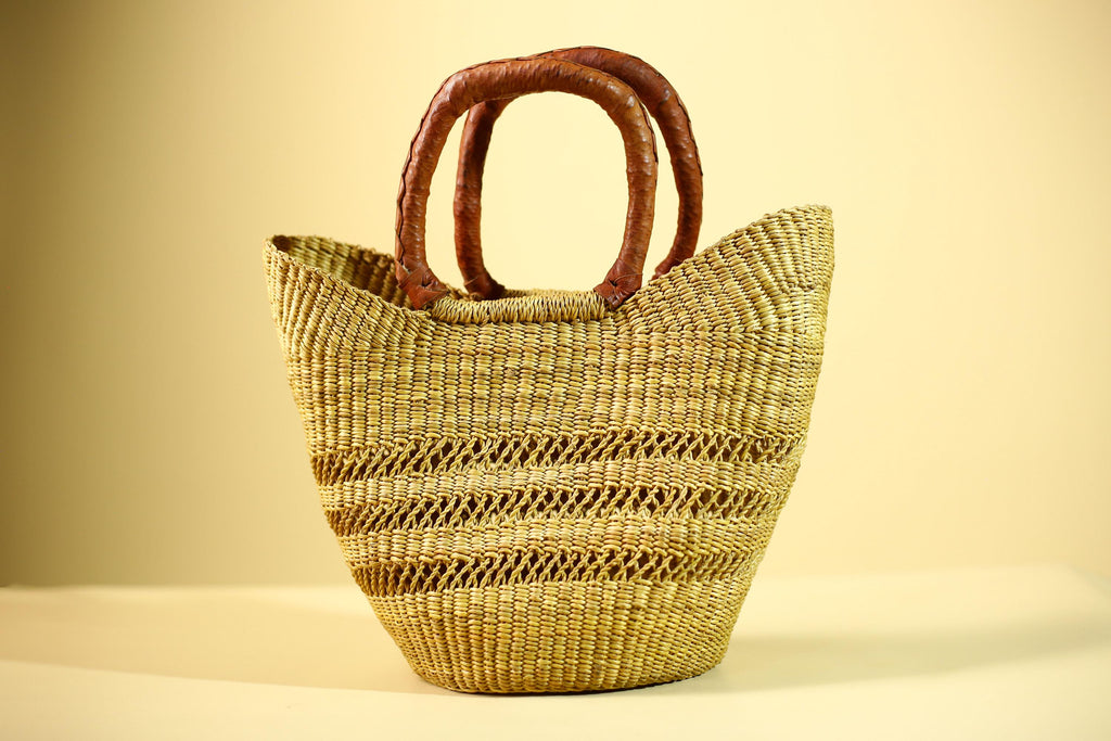 Handwoven Bolga Market Basket: Green Straw Tote Bag with Leather Handle-G5827