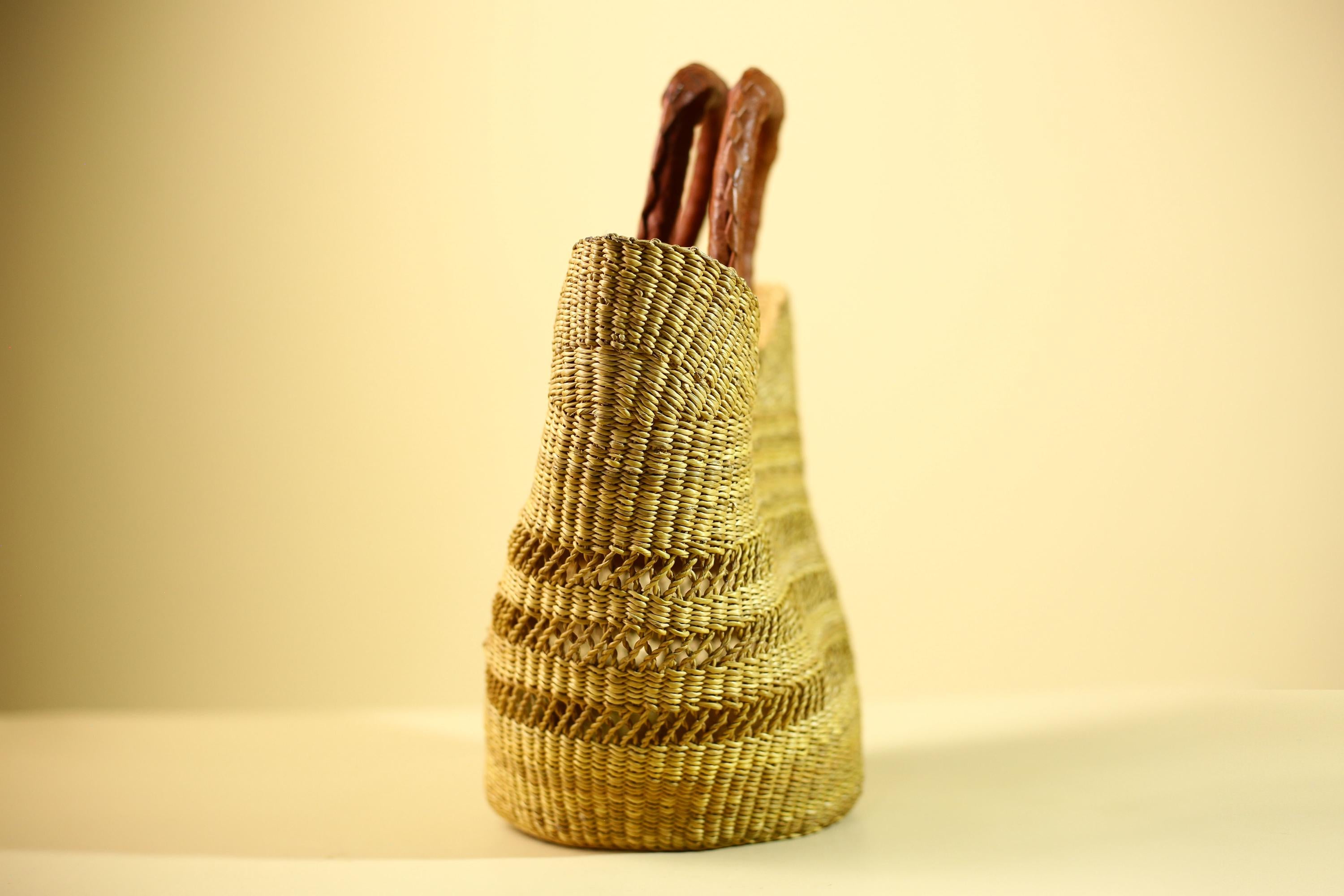 Handwoven Bolga Market Basket: Green Straw Tote Bag with Leather Handle-G5827