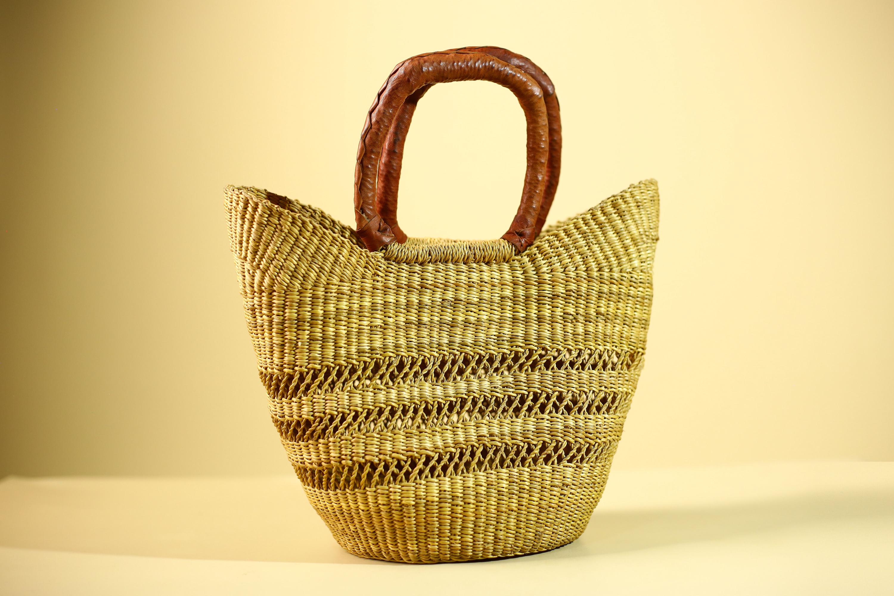 Handwoven Bolga Market Basket: Green Straw Tote Bag with Leather Handle-G5827