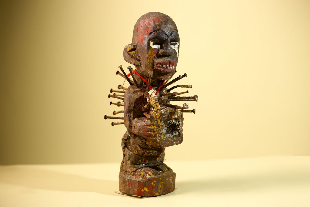 Kongo Nkisi Nkondi Figure: African Tribal Power Sculpture with Nails & Vines-G5828
