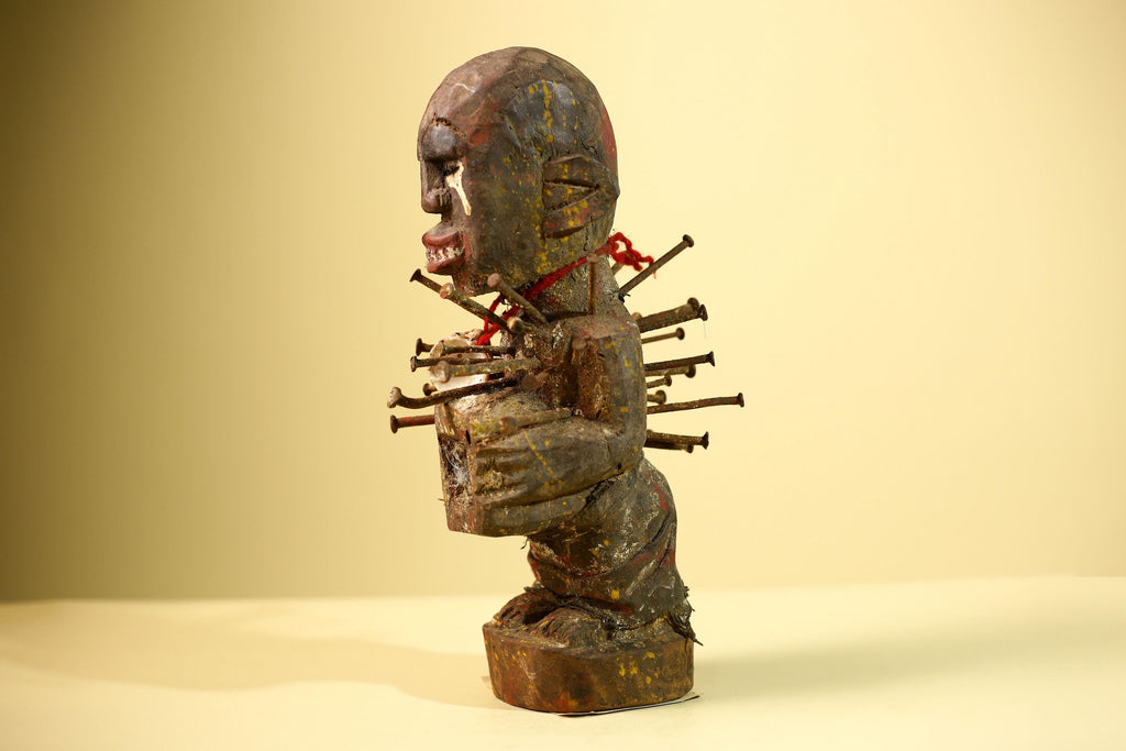 Kongo Nkisi Nkondi Figure: African Tribal Power Sculpture with Nails & Vines-G5828