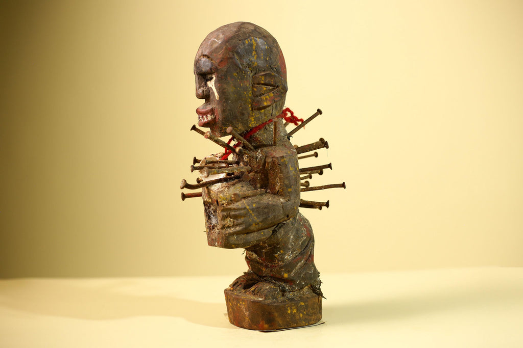 Kongo Nkisi Nkondi Figure: African Tribal Power Sculpture with Nails & Vines-G5828