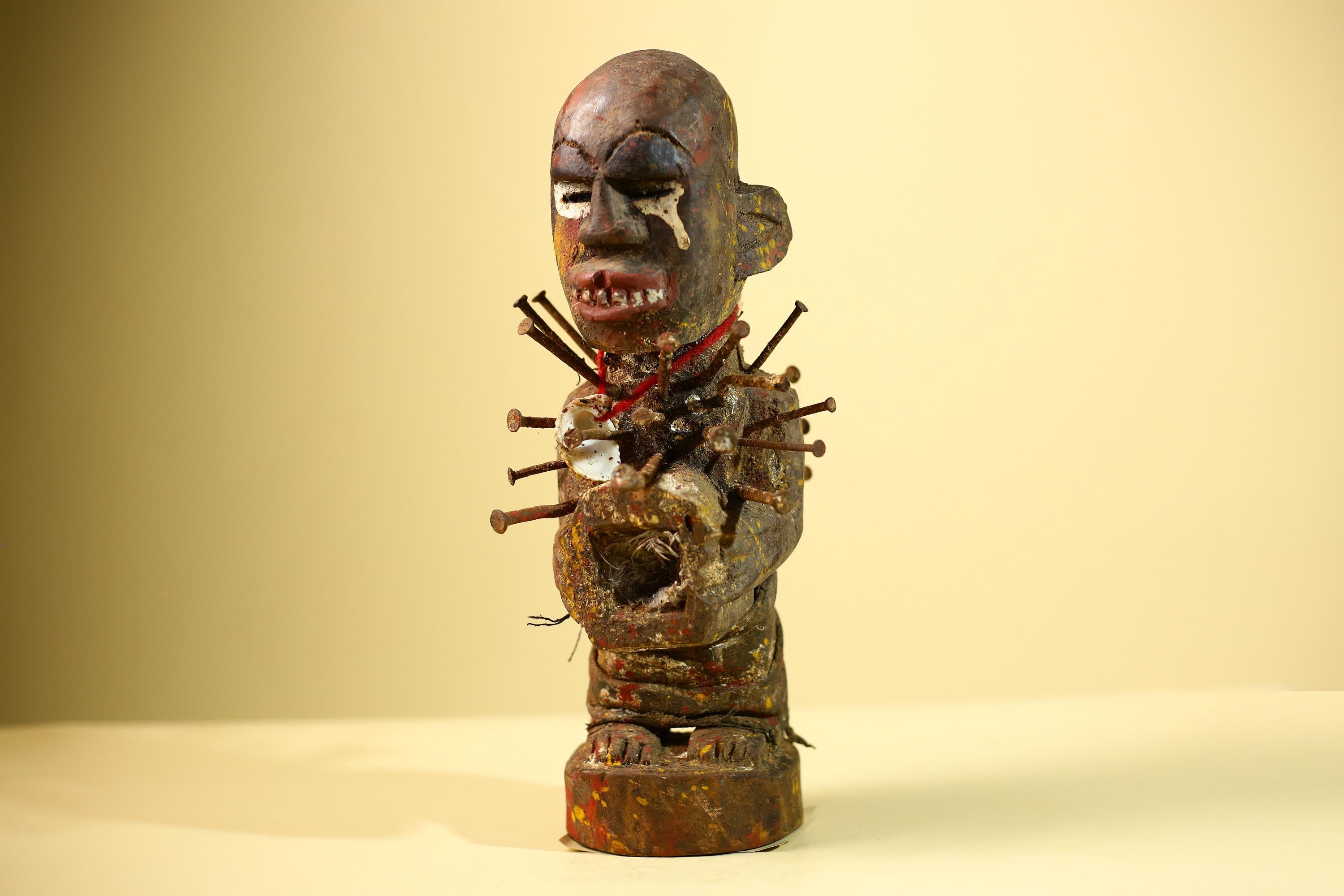 Kongo Nkisi Nkondi Figure: African Tribal Power Sculpture with Nails & Vines-G5828