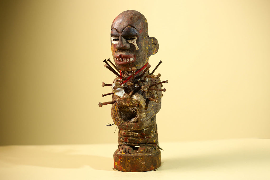 Kongo Nkisi Nkondi Figure: African Tribal Power Sculpture with Nails & Vines-G5828