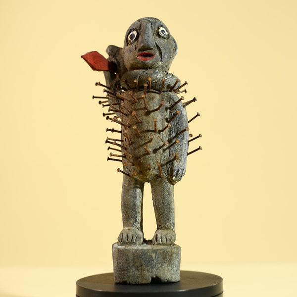 Vintage Tribal Wooden Figure with Nails, Carved African Ritual Art Statue Sculpture Decor-G5865