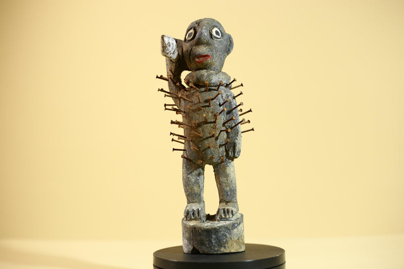 African Tribal Figure Sculpture Carved Wood with Nails Unique Art Sculpture Decor-G5867