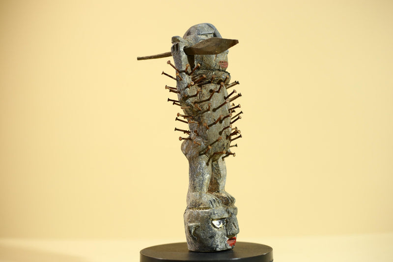 African Nail Fetish Statue Carved Wood Congo Tribal Ritual Art Decor Sculpture Decor-G5868