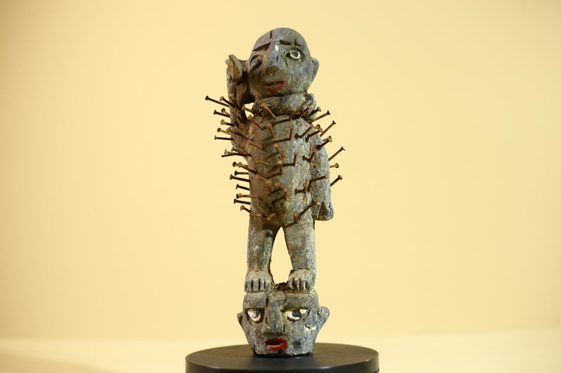 African Nail Fetish Statue Carved Wood Congo Tribal Ritual Art Decor Sculpture Decor-G5868