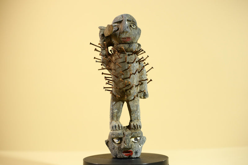 African Nail Fetish Statue Carved Wood Congo Tribal Ritual Art Decor Sculpture Decor-G5868