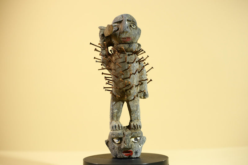 African Nail Fetish Statue Carved Wood Congo Tribal Ritual Art Decor Sculpture Decor-G5868