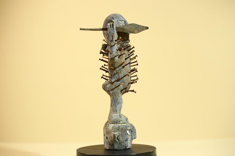 African Nail Fetish Statue Carved Wood Congo Tribal Ritual Art Decor Sculpture Decor-G5868