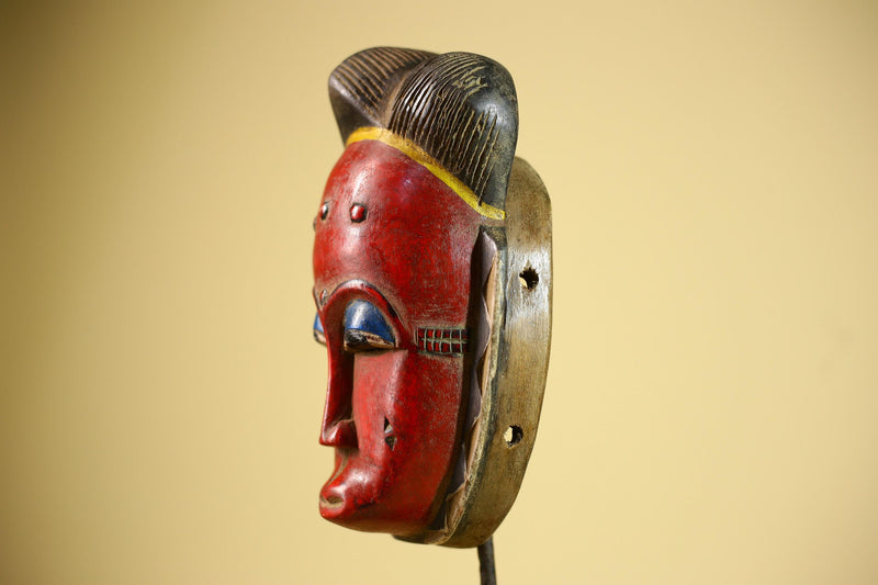African Guro Mask Red Face Wood Côte d’Ivoire Tribal Art Wall Decor-G5832