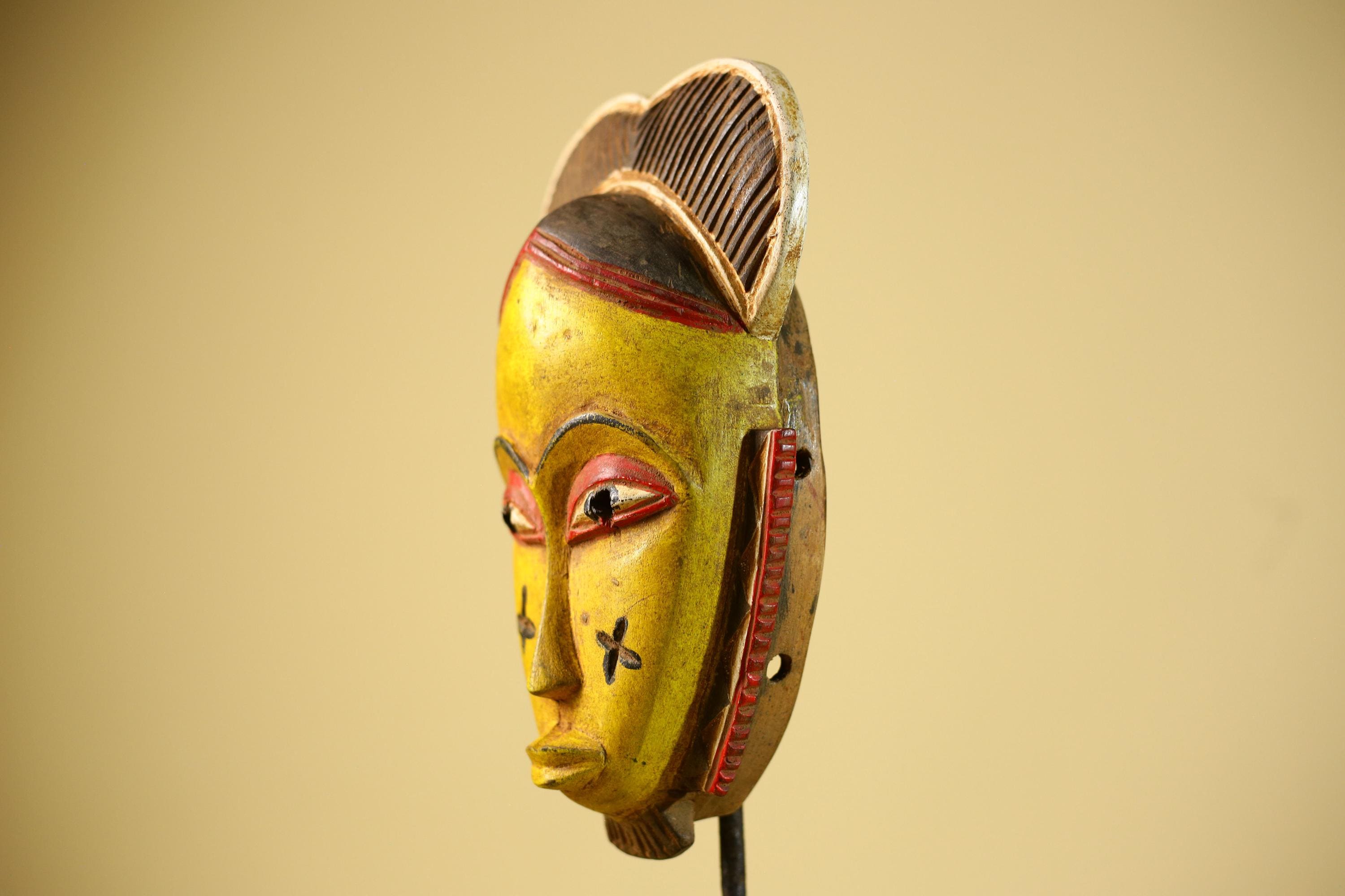African Guro Mask Yellow Face Wood Côte d’Ivoire Tribal Art Wall Display Decor-G5833