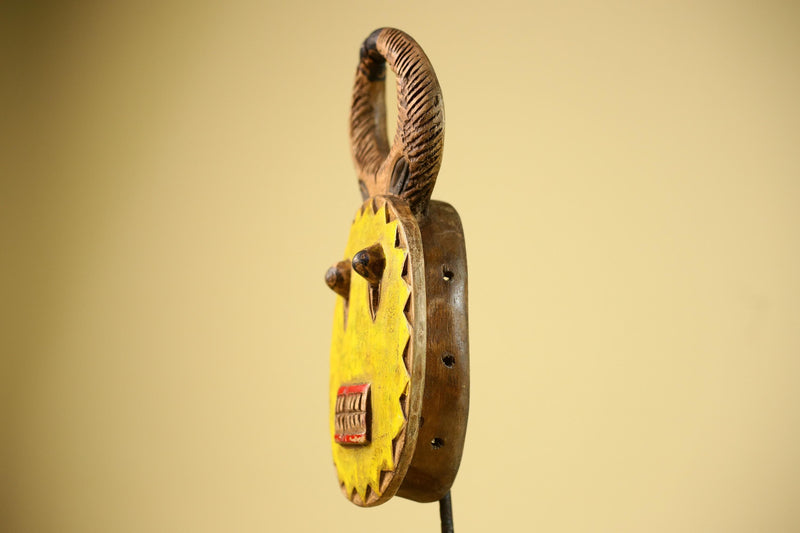 African Guro Mask Yellow Ring Crest Wood Côte d’Ivoire Tribal Art Wall Display Decor-G5834