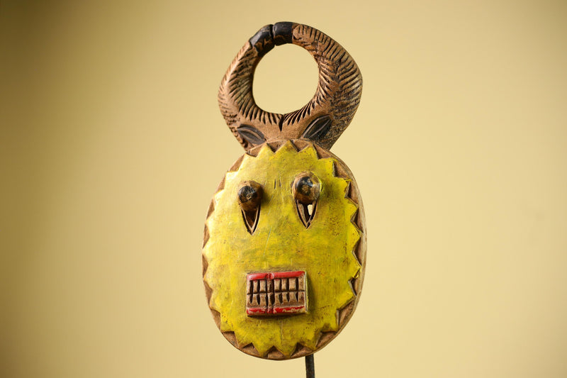 African Guro Mask Yellow Ring Crest Wood Côte d’Ivoire Tribal Art Wall Display Decor-G5834