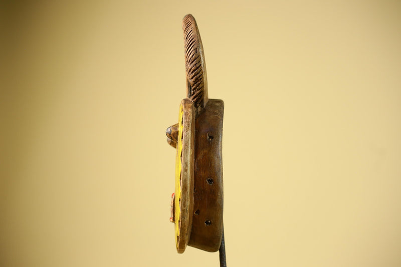 African Guro Mask Yellow Ring Crest Wood Côte d’Ivoire Tribal Art Wall Display Decor-G5834
