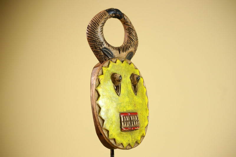 African Guro Mask Yellow Ring Crest Wood Côte d’Ivoire Tribal Art Wall Display Decor-G5834