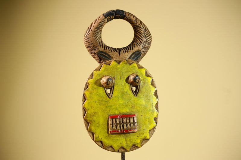 African Guro Mask Yellow Ring Crest Wood Côte d’Ivoire Tribal Art Wall Display Decor-G5834