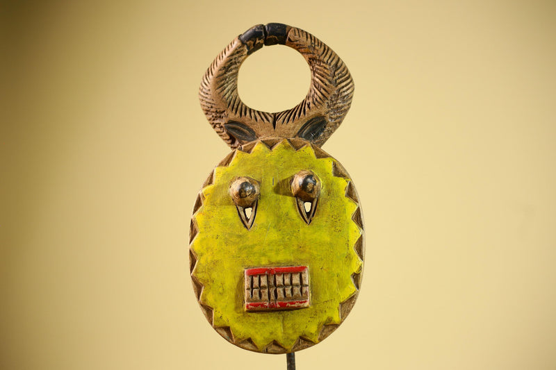 African Guro Mask Yellow Ring Crest Wood Côte d’Ivoire Tribal Art Wall Display Decor-G5834