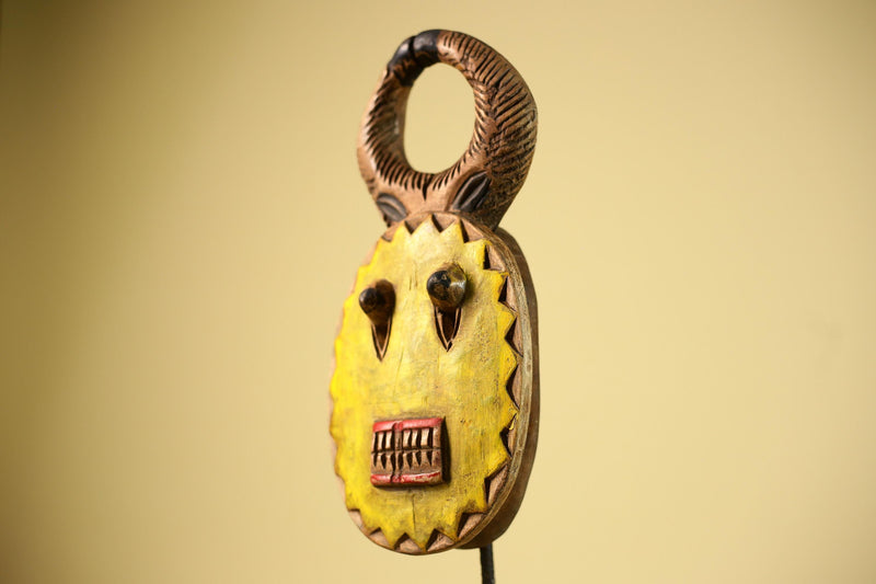African Guro Mask Yellow Ring Crest Wood Côte d’Ivoire Tribal Art Wall Display Decor-G5834