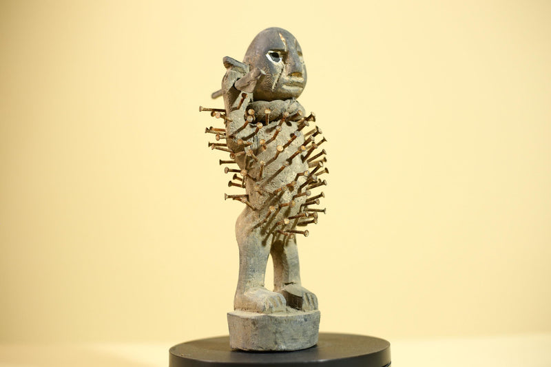 African Kongo Nail Fetish Statue Carved Wood Nkisi Nkondi Congo Ritual Figure-G5875