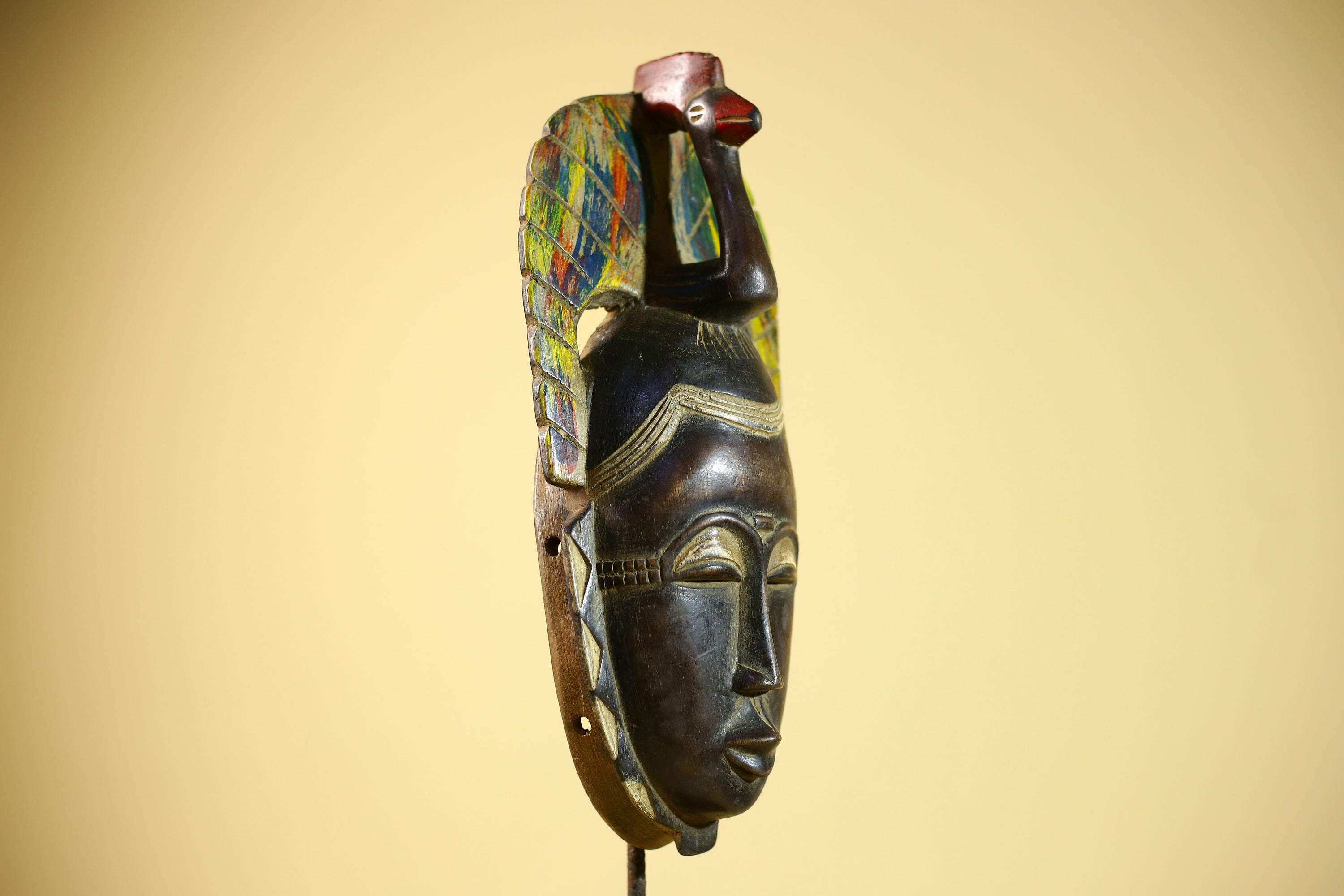 African Baule Mask Carved Wood Bird Crest Côte d’Ivoire Tribal Art Decor-G5835