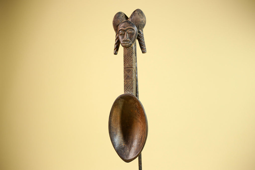 African Baule Spoon Carved Wood Female Head Côte d’Ivoire Tribal Art Decor-G5876