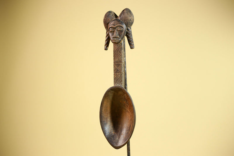 African Baule Spoon Carved Wood Female Head Côte d’Ivoire Tribal Art Decor-G5876