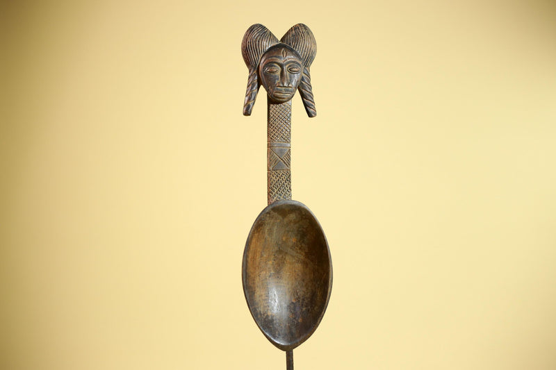African Baule Spoon Carved Wood Female Head Côte d’Ivoire Tribal Art Decor-G5876