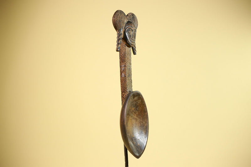 African Baule Spoon Carved Wood Female Head Côte d’Ivoire Tribal Art Decor-G5876