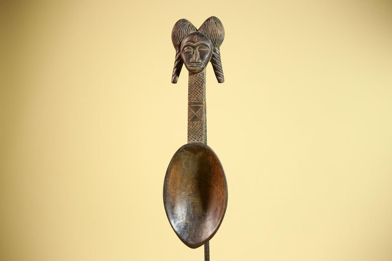 African Baule Spoon Carved Wood Female Head Côte d’Ivoire Tribal Art Decor-G5876