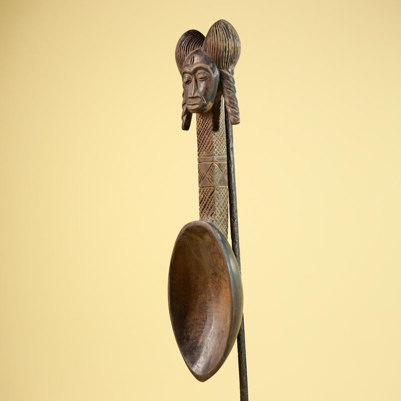 African Baule Spoon Carved Wood Female Head Côte d’Ivoire Tribal Art Decor-G5876
