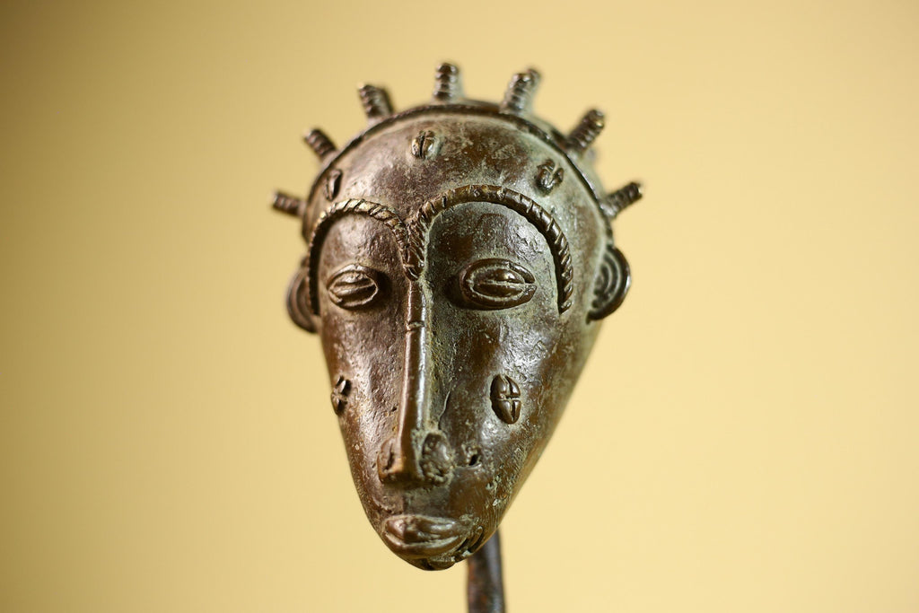 Vintage Benin Kingdom Bronze Mask Head Lost Wax Casting: African Folk Art-G5838