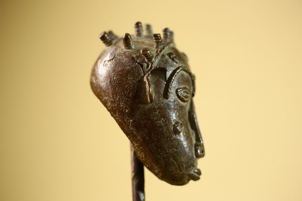 Vintage Benin Kingdom Bronze Mask Head Lost Wax Casting: African Folk Art-G5838